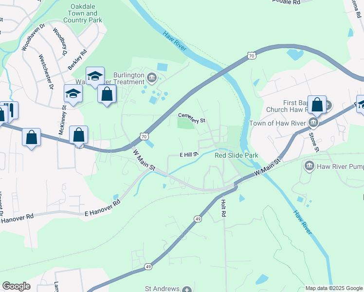 map of restaurants, bars, coffee shops, grocery stores, and more near Heaven Trail in Haw River