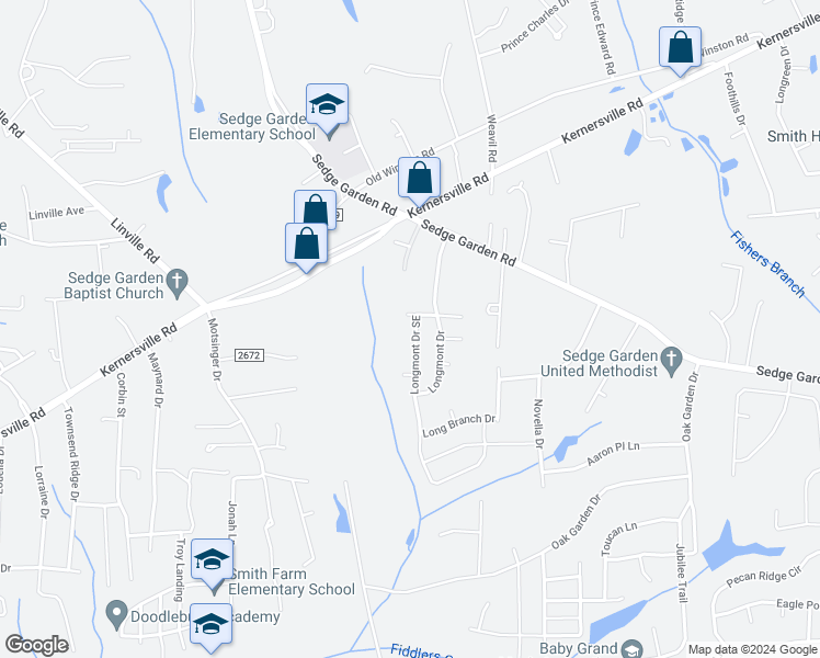 map of restaurants, bars, coffee shops, grocery stores, and more near 1914 Longburn Drive in Kernersville