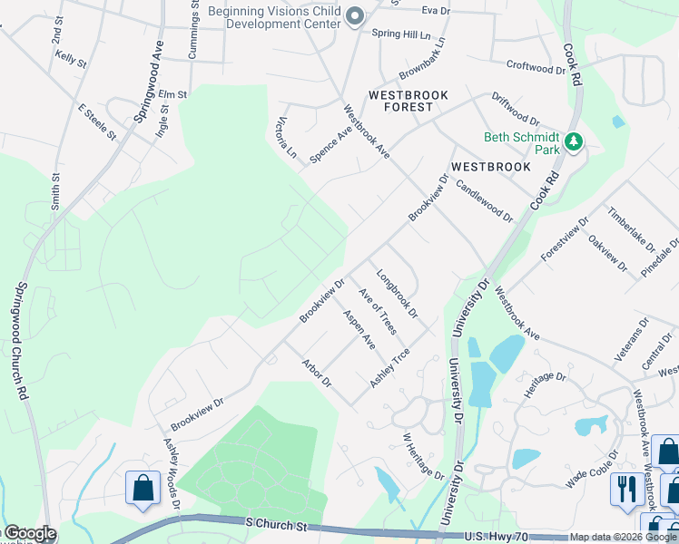 map of restaurants, bars, coffee shops, grocery stores, and more near 905 Brookview Drive in Elon