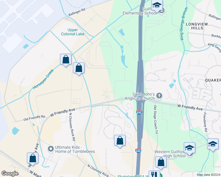 map of restaurants, bars, coffee shops, grocery stores, and more near 7102 West Friendly Avenue in Greensboro