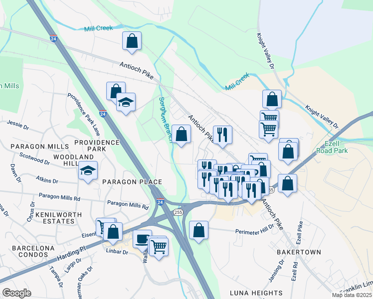 map of restaurants, bars, coffee shops, grocery stores, and more near 460 Metroplex Drive in Nashville