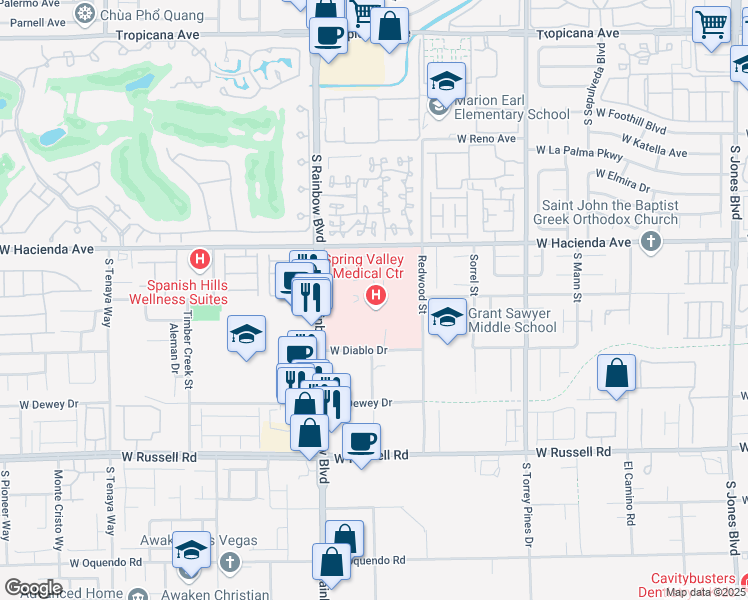 map of restaurants, bars, coffee shops, grocery stores, and more near 5400 South Rainbow Boulevard in Las Vegas