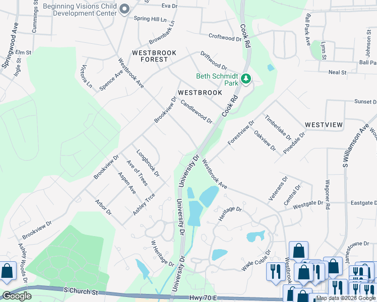 map of restaurants, bars, coffee shops, grocery stores, and more near 101 Camelot Drive in Elon