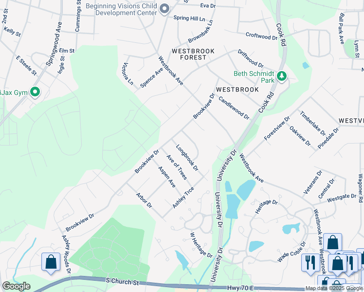 map of restaurants, bars, coffee shops, grocery stores, and more near 105 Longbrook Drive in Elon