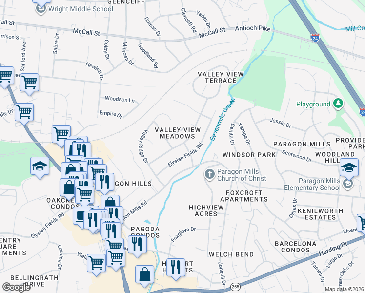 map of restaurants, bars, coffee shops, grocery stores, and more near 3901 Dewain Drive in Nashville