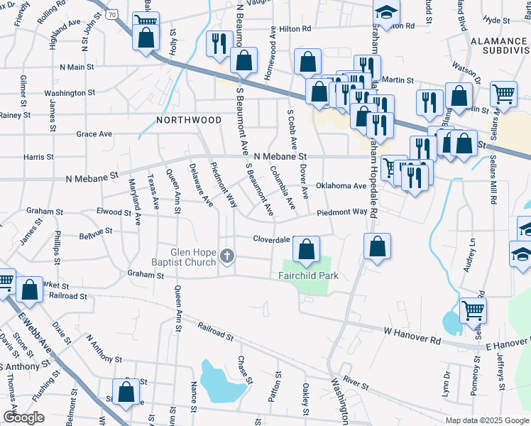map of restaurants, bars, coffee shops, grocery stores, and more near 711 South Beaumont Avenue in Burlington