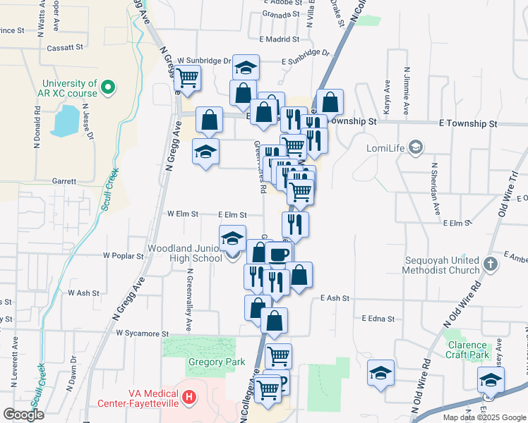 map of restaurants, bars, coffee shops, grocery stores, and more near Green Acres Road in Fayetteville