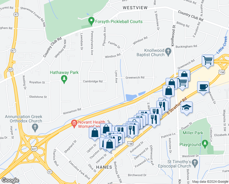 map of restaurants, bars, coffee shops, grocery stores, and more near 438 Lynn Avenue in Winston-Salem