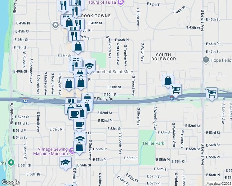 map of restaurants, bars, coffee shops, grocery stores, and more near 1517 East 50th Place in Tulsa