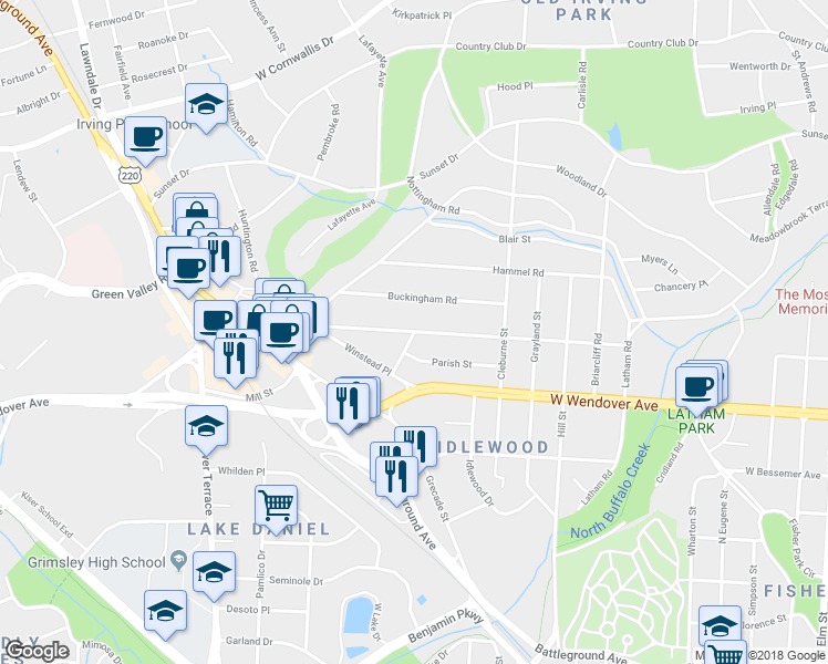 map of restaurants, bars, coffee shops, grocery stores, and more near West Northwood Street in Greensboro