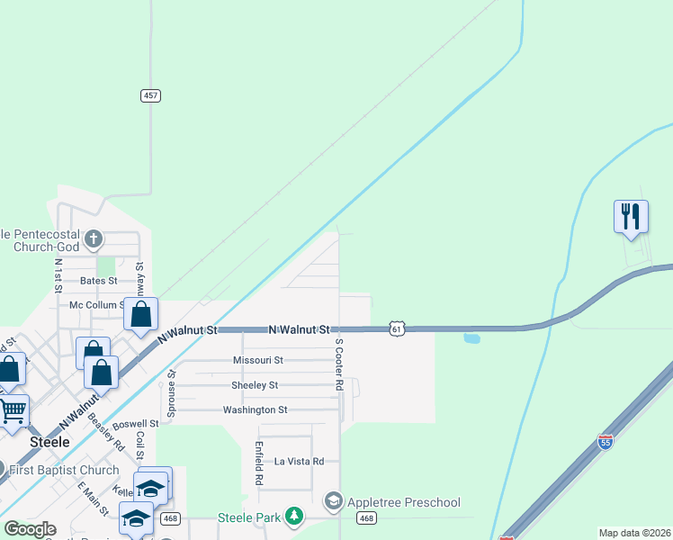 map of restaurants, bars, coffee shops, grocery stores, and more near 201-249 North Cooter Road in Steele