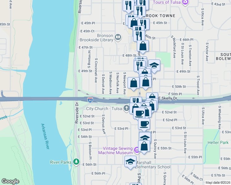 map of restaurants, bars, coffee shops, grocery stores, and more near 4972 South Norfolk Avenue in Tulsa