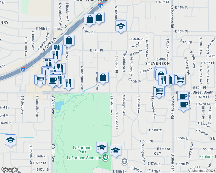 map of restaurants, bars, coffee shops, grocery stores, and more near in Tulsa