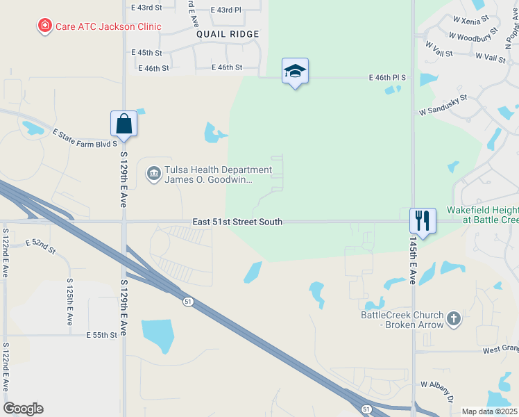 map of restaurants, bars, coffee shops, grocery stores, and more near 5079 South 136th East Avenue in Tulsa