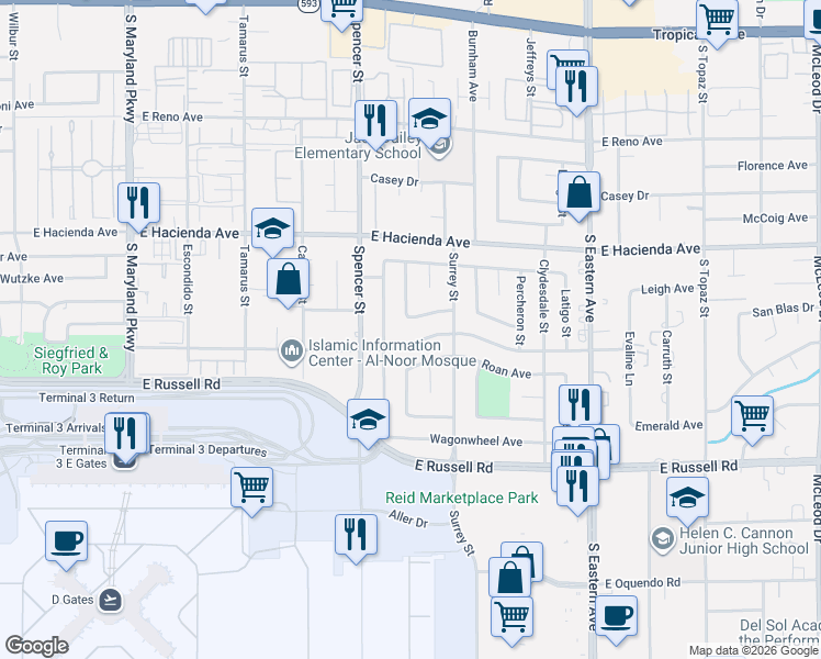 map of restaurants, bars, coffee shops, grocery stores, and more near 1902 Rawhide Street in Las Vegas