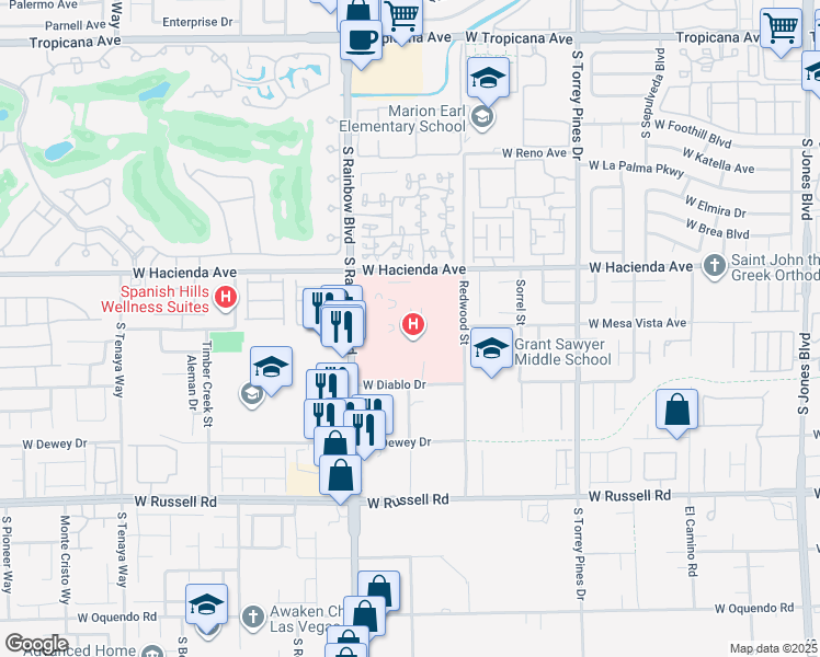 map of restaurants, bars, coffee shops, grocery stores, and more near 5400 South Rainbow Boulevard in Las Vegas