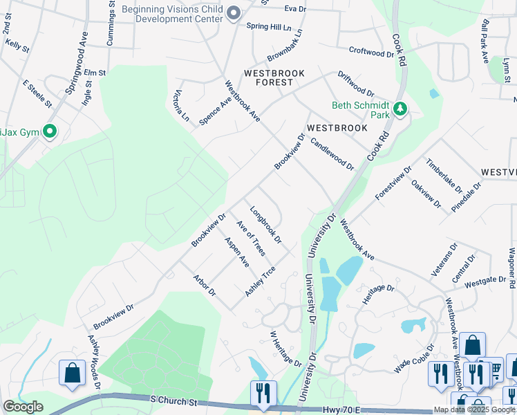 map of restaurants, bars, coffee shops, grocery stores, and more near 105 Longbrook Drive in Elon