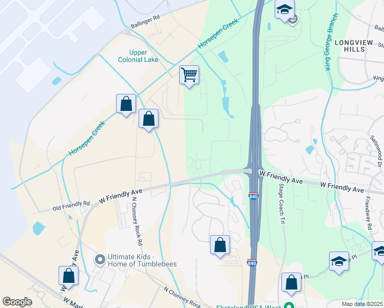 map of restaurants, bars, coffee shops, grocery stores, and more near 7106 West Friendly Avenue in Greensboro