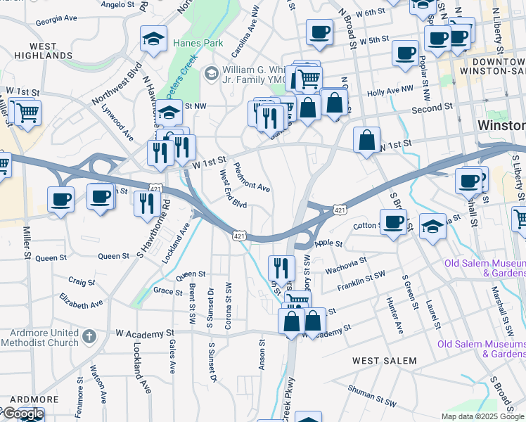 map of restaurants, bars, coffee shops, grocery stores, and more near 1281 West 4th Street in Winston-Salem