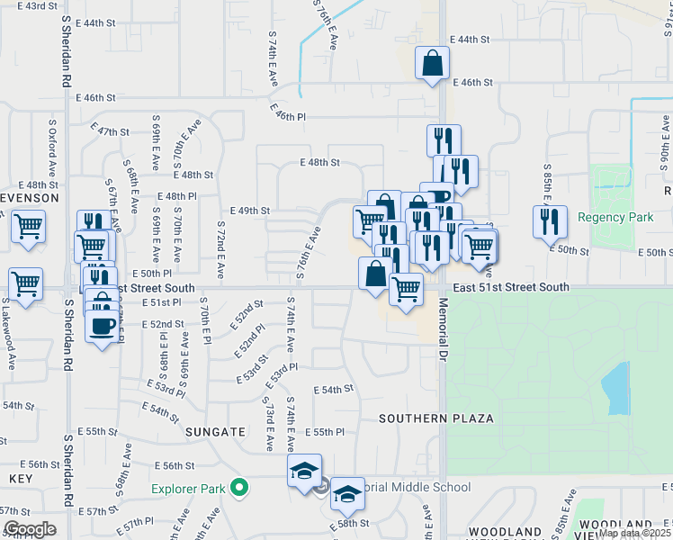 map of restaurants, bars, coffee shops, grocery stores, and more near 5023 South 76th East Avenue in Tulsa