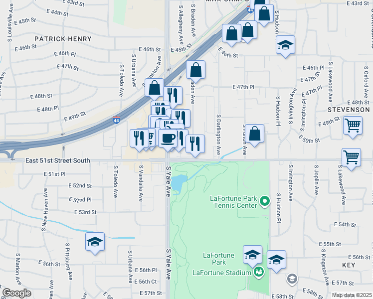 map of restaurants, bars, coffee shops, grocery stores, and more near 5077 East 51st Street South in Tulsa