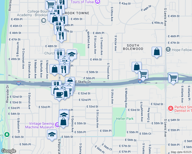 map of restaurants, bars, coffee shops, grocery stores, and more near 1517 East 50th Place in Tulsa