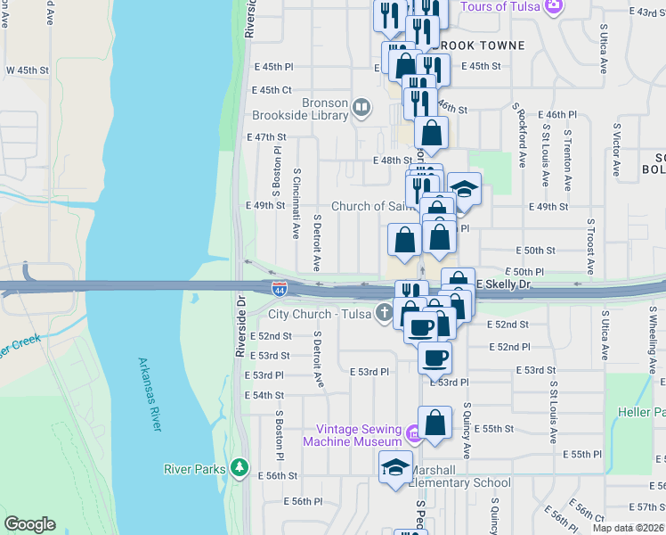 map of restaurants, bars, coffee shops, grocery stores, and more near 4983 South Detroit Avenue in Tulsa