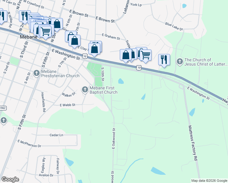 map of restaurants, bars, coffee shops, grocery stores, and more near 275 South 11th Street in Mebane