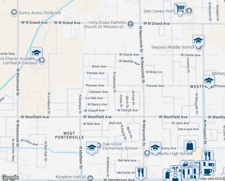 map of restaurants, bars, coffee shops, grocery stores, and more near 1828 La Vida Avenue in Porterville