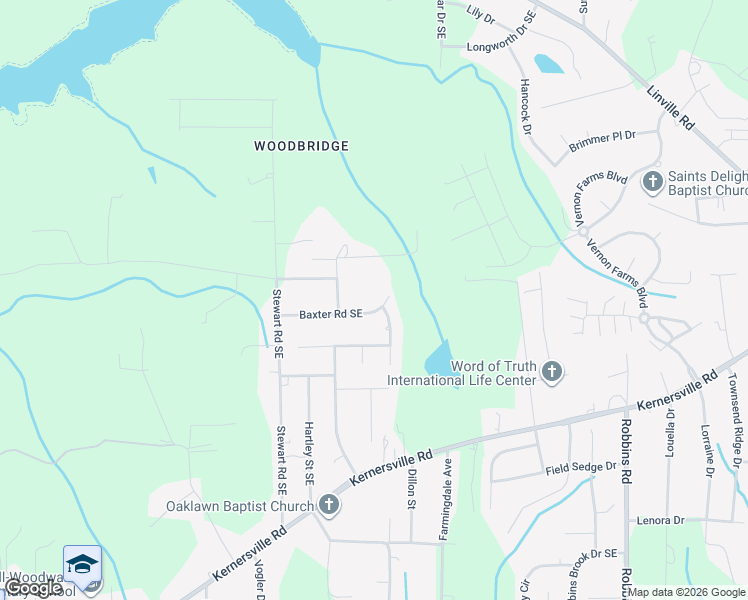 map of restaurants, bars, coffee shops, grocery stores, and more near 3520 Baxter Road Southeast in Winston-Salem