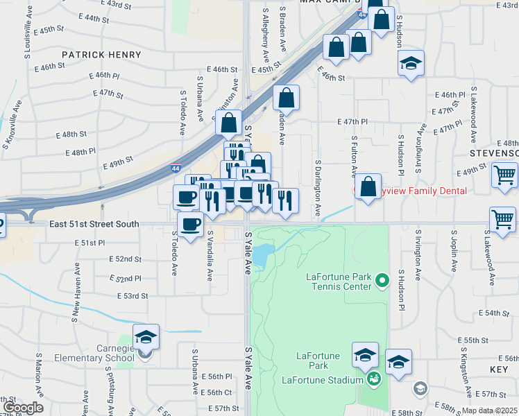 map of restaurants, bars, coffee shops, grocery stores, and more near 5079 South Yale Avenue in Tulsa