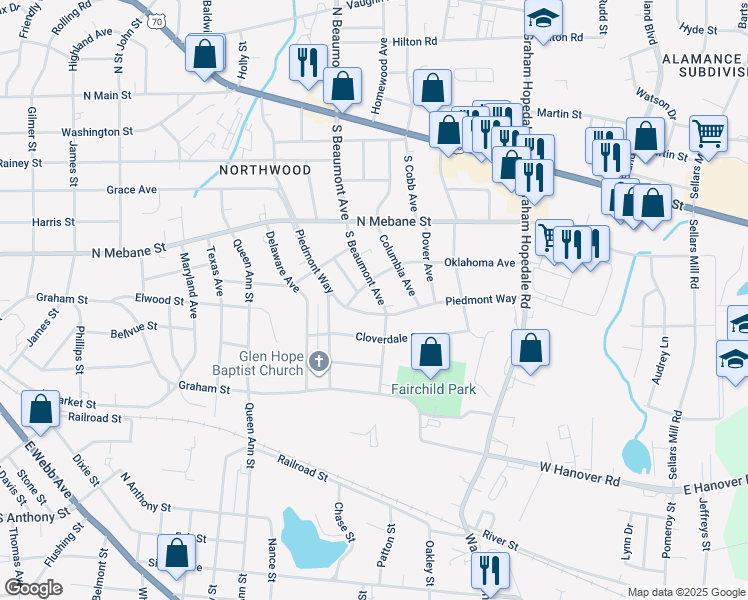 map of restaurants, bars, coffee shops, grocery stores, and more near 711 South Beaumont Avenue in Burlington