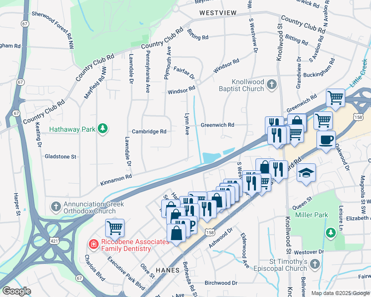 map of restaurants, bars, coffee shops, grocery stores, and more near 438 Lynn Avenue in Winston-Salem