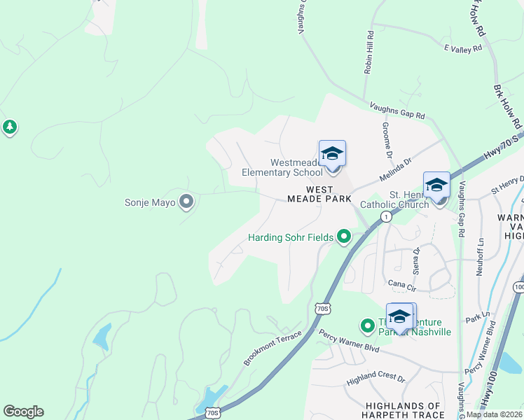 map of restaurants, bars, coffee shops, grocery stores, and more near 6608 Ellesmere Road in Nashville