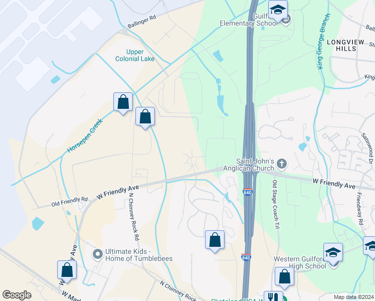 map of restaurants, bars, coffee shops, grocery stores, and more near 7104 West Friendly Avenue in Greensboro