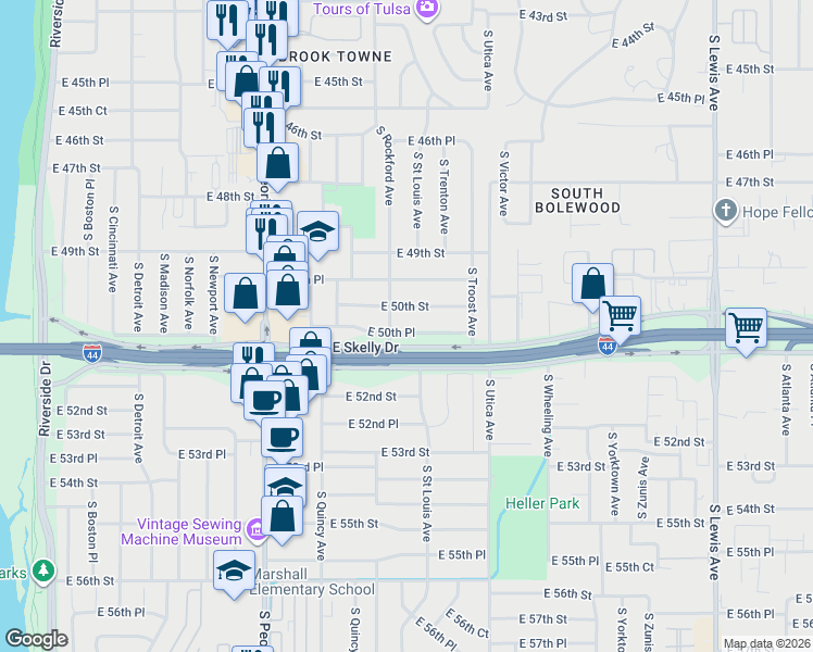 map of restaurants, bars, coffee shops, grocery stores, and more near 1513 East 50th Place in Tulsa