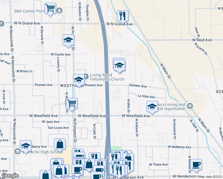 map of restaurants, bars, coffee shops, grocery stores, and more near 950 Julieann Lane in Porterville