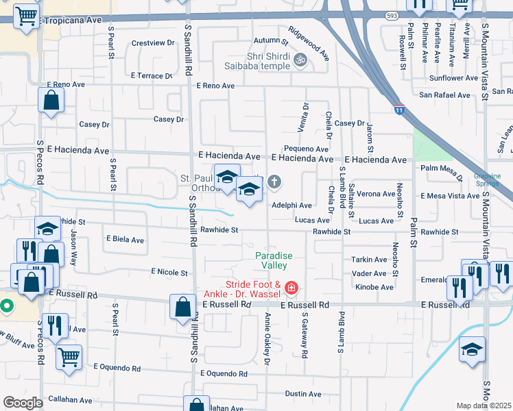 map of restaurants, bars, coffee shops, grocery stores, and more near 5445 Annie Oakley Drive in Las Vegas