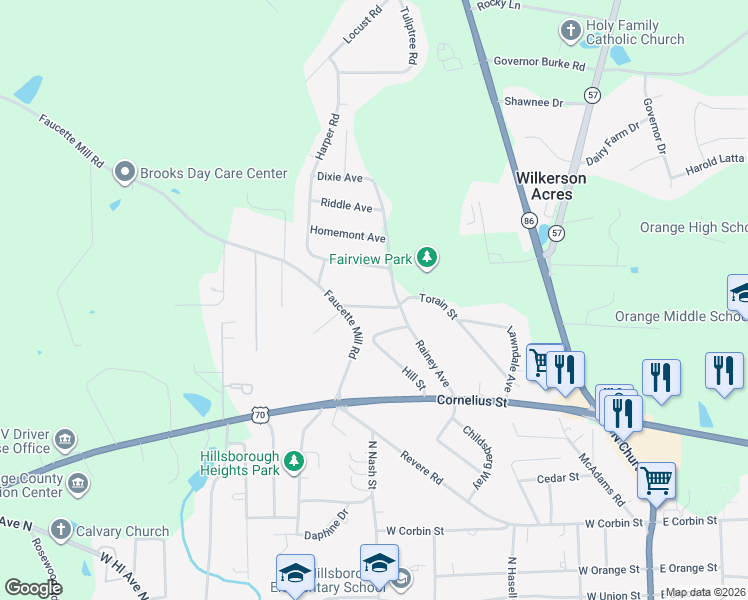 map of restaurants, bars, coffee shops, grocery stores, and more near 212 Torain Street in Hillsborough