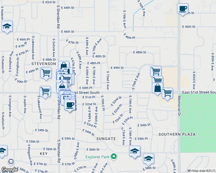 map of restaurants, bars, coffee shops, grocery stores, and more near 5031 South 72nd East Avenue in Tulsa