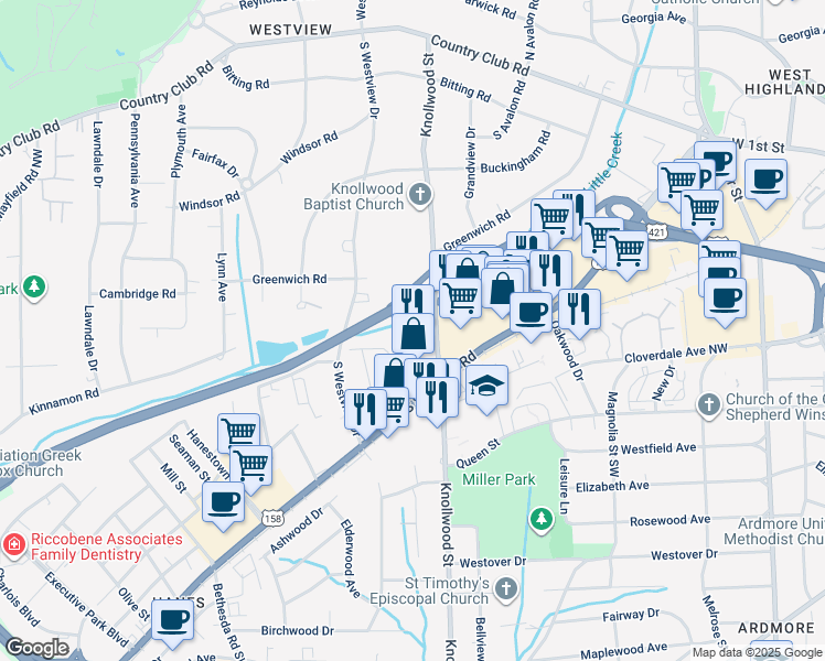 map of restaurants, bars, coffee shops, grocery stores, and more near 514 South Stratford Road in Winston-Salem