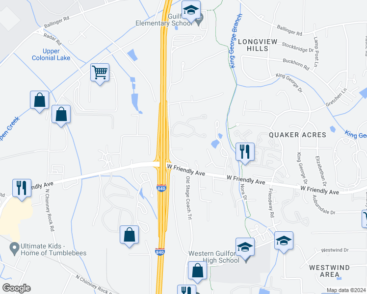 map of restaurants, bars, coffee shops, grocery stores, and more near 710 Stage Coach Trail in Greensboro