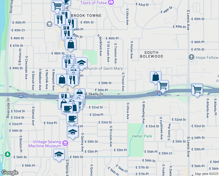 map of restaurants, bars, coffee shops, grocery stores, and more near 1517 East 50th Place in Tulsa