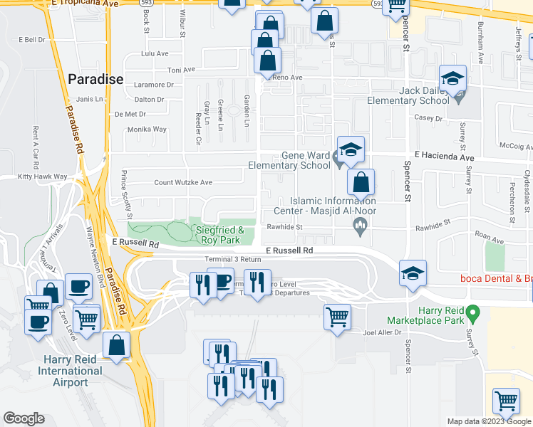 map of restaurants, bars, coffee shops, grocery stores, and more near 5470 South Maryland Parkway in Las Vegas
