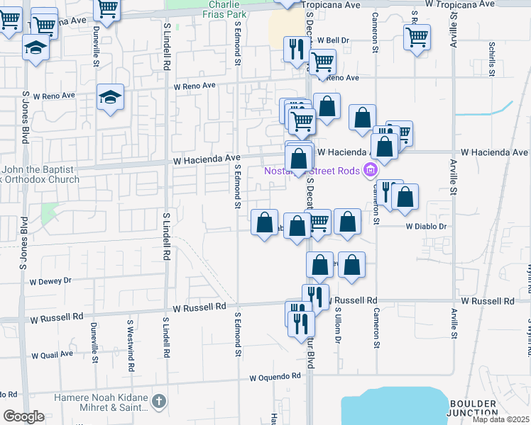 map of restaurants, bars, coffee shops, grocery stores, and more near 5055 West Hacienda Avenue in Las Vegas
