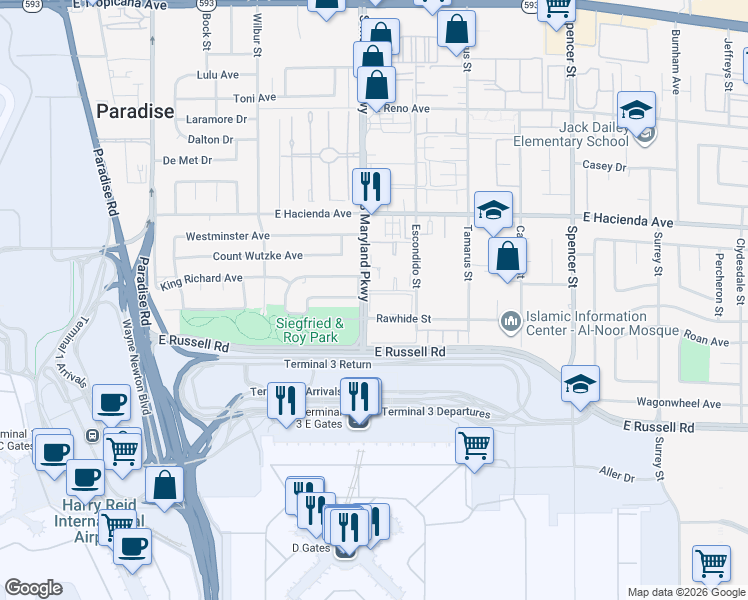 map of restaurants, bars, coffee shops, grocery stores, and more near 5470 South Maryland Parkway in Las Vegas