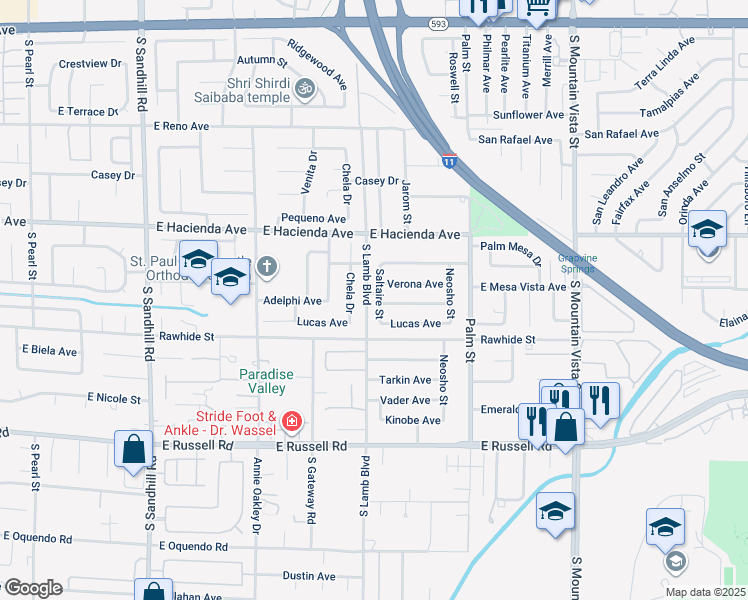 map of restaurants, bars, coffee shops, grocery stores, and more near 5423 Saltaire Street in Las Vegas
