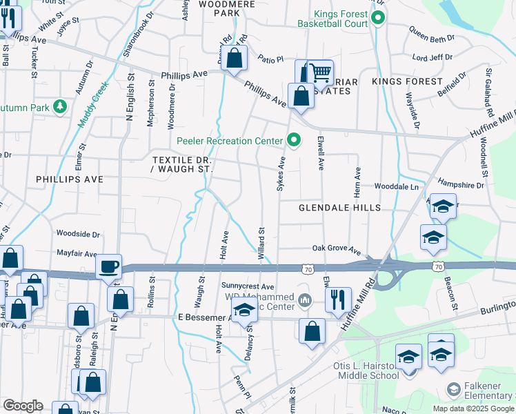 map of restaurants, bars, coffee shops, grocery stores, and more near 1013 Willard Street in Greensboro