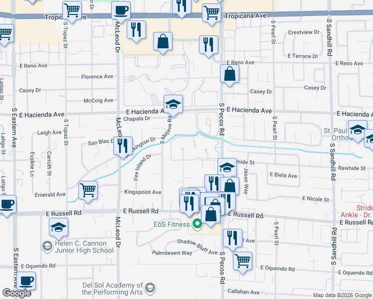 map of restaurants, bars, coffee shops, grocery stores, and more near 3342 Brookfield Drive in Las Vegas