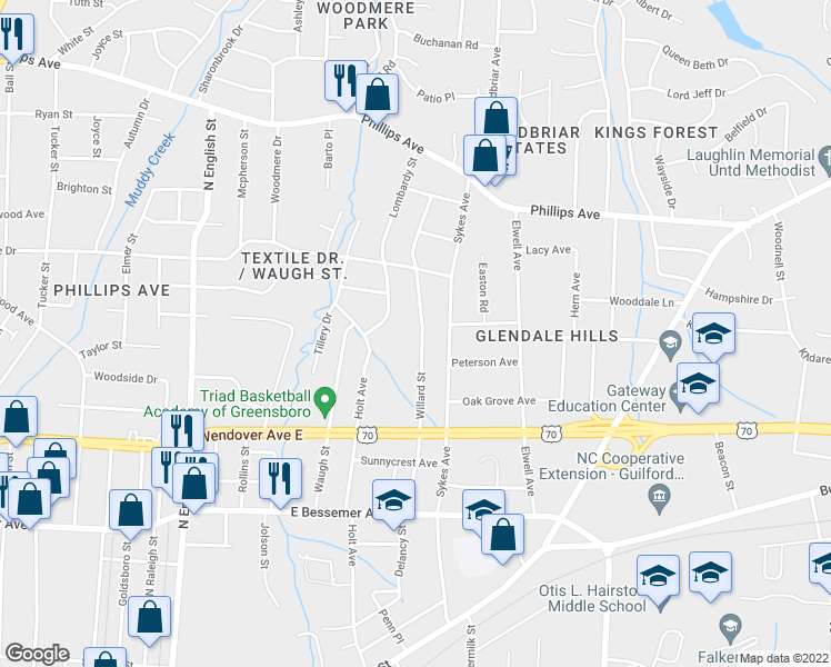 map of restaurants, bars, coffee shops, grocery stores, and more near 1013 Willard Street in Greensboro